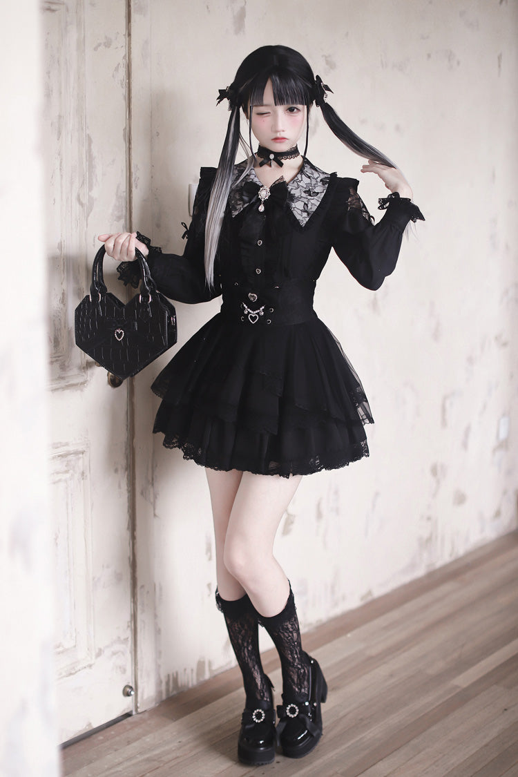 Black [Dreamy Love Ballad] Lapel Collar Long Sleeves Double-Layered Ruffled Cut-Out Bow Gothic Japanese Jirai Kei Skirt Set - Product - 7