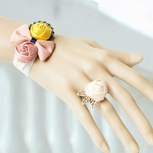 Pink Retro Fashion White Lace Bow Yellow Rose Female Lolita Ring Bracelet - Pink - 1