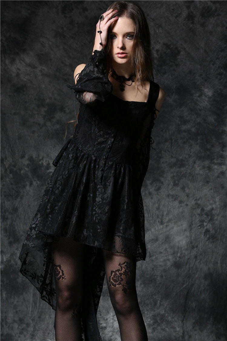 Black Square Collar Long Sleeves Overlay Embroidered Lace Women's Gothic Dress - Product - 8