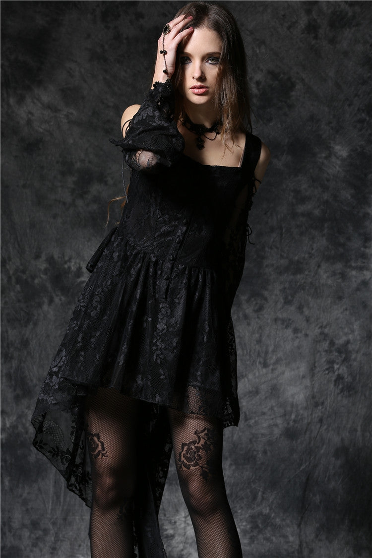 Black Square Collar Long Sleeves Overlay Embroidered Lace Women's Gothic Dress - Product - 8