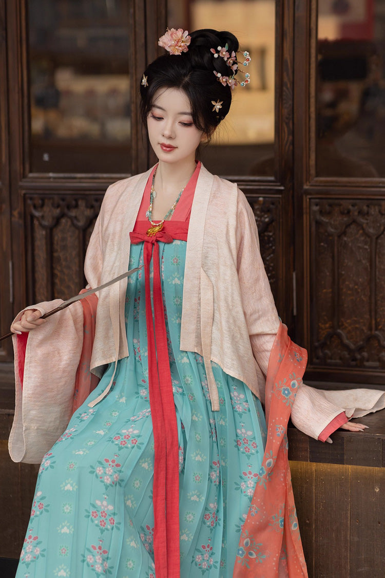 Green [Peach Blossoms and Spring] Long Sleeves Print Embroidery Classic Hanfu Dress - Product - 8