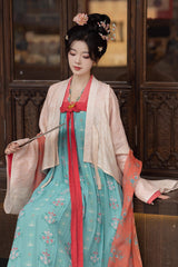 Green [Peach Blossoms and Spring] Long Sleeves Print Embroidery Classic Hanfu Dress - Product - 8