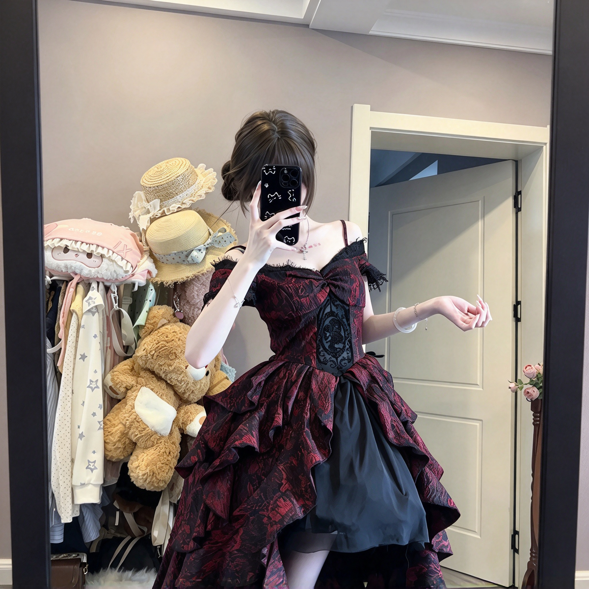 Red and Black Jacquard Ruffled Lolita Dress with Brooch Accent - view 3
