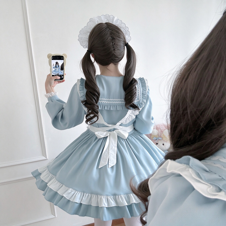 Light Blue Ruffled Sailor Collar Maid Lolita Dress with Apron Bow Accent - view 9