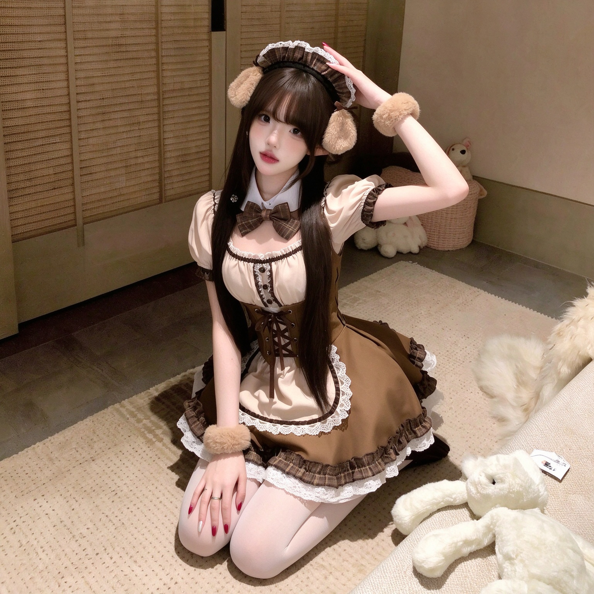 Brown and Beige Ruffled Lolita Dress with Lace-Up Vest Accent - view 3