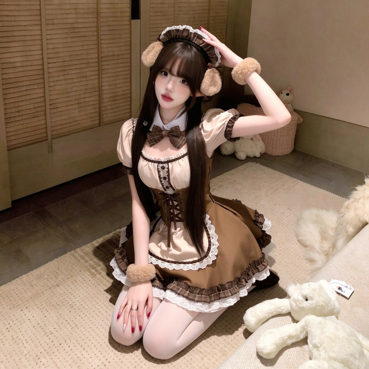 Brown and Beige Ruffled Lolita Dress with Lace-Up Vest Accent - view 3