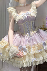 Purple [Flory Butterfly] Double-Layered Ruffle Bowknot Lace Lace-Up Sweet Ballet Lolita Jsk Dress - Product - 4