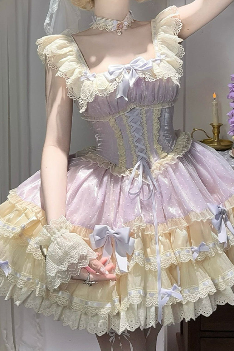 Purple [Flory Butterfly] Double-Layered Ruffle Bowknot Lace Lace-Up Sweet Ballet Lolita Jsk Dress - Product - 4