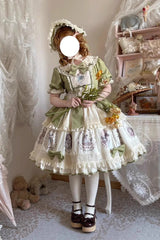 Green [Little Ida's Flowers] Short Sleeves Print Ruffle Bowknot Sweet Lolita Dress - Product - 13