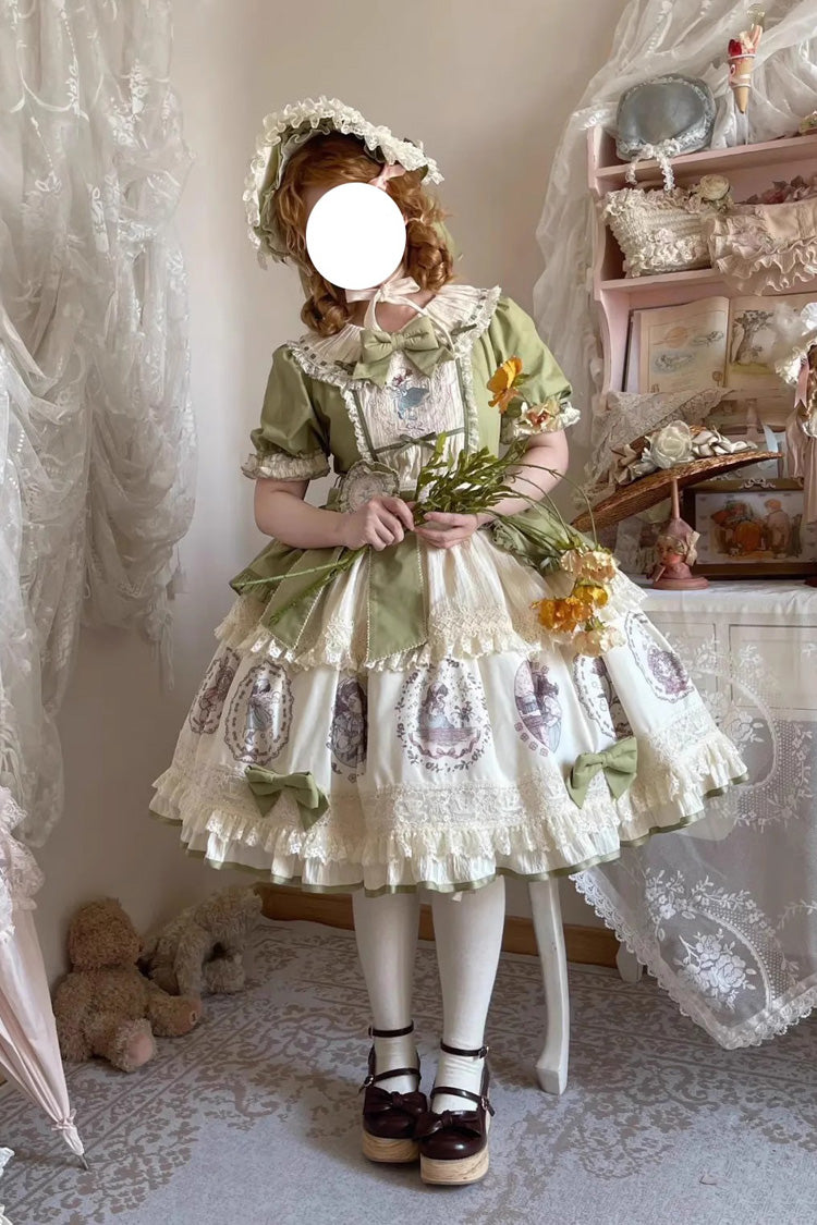 Green [Little Ida's Flowers] Short Sleeves Print Ruffle Bowknot Sweet Lolita Dress - Product - 13