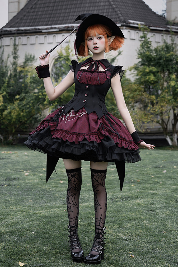 Black/Red [Potions] Sleeveless Triple-Layered Ruffle Bowknot Lace Gothic Lolita Dress 2 Colors - Product - 6