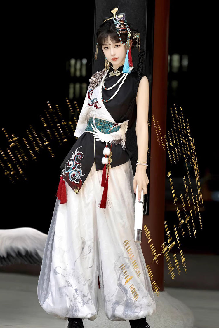 Black/White Stand Collar Single Long Sleeve Printed Embroidered Asymmetric Chinese Style Ouji Set - Product - 7