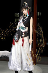 Black/White Stand Collar Single Long Sleeve Printed Embroidered Asymmetric Chinese Style Ouji Set - Product - 7