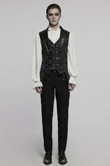 Black Lapel V-neck Sleeveless Jacquard Buckle Men's Gothic Vest - Product - 4