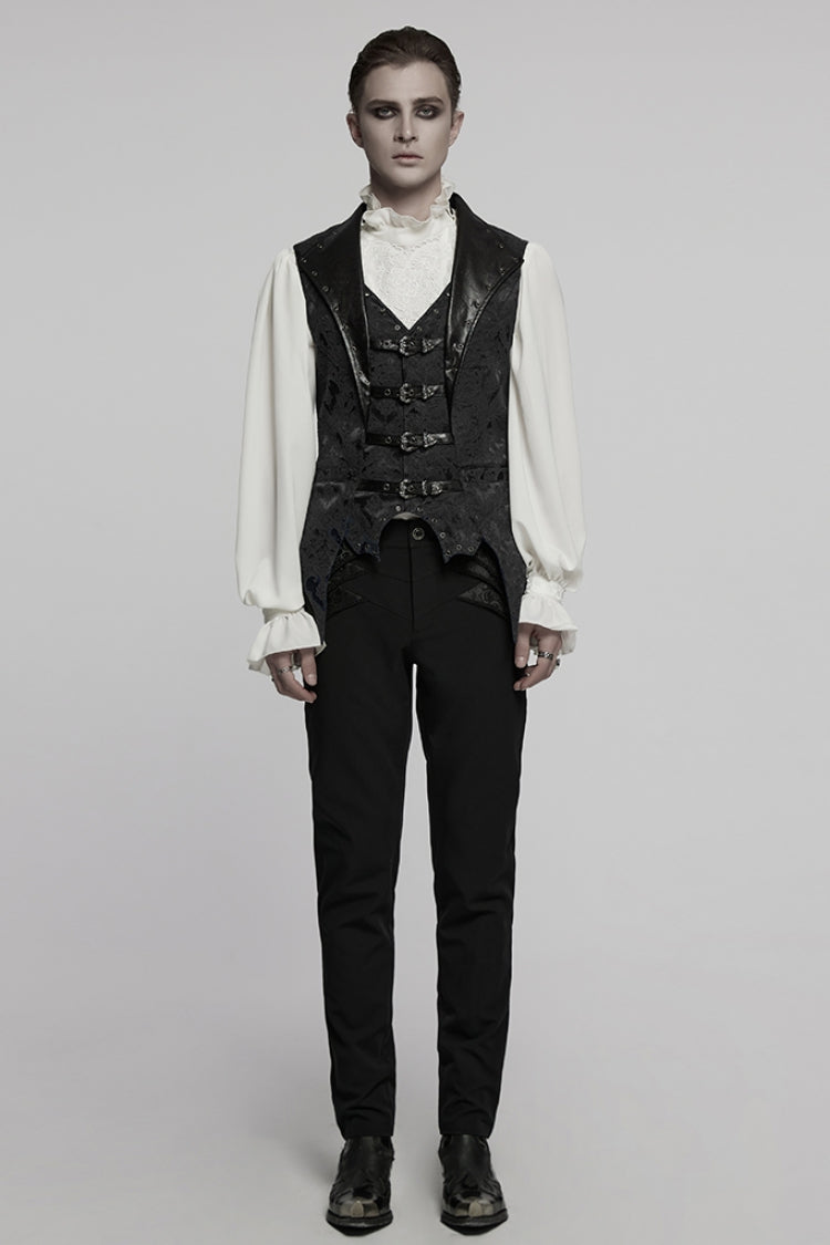 Black Lapel V-neck Sleeveless Jacquard Buckle Men's Gothic Vest - Product - 4