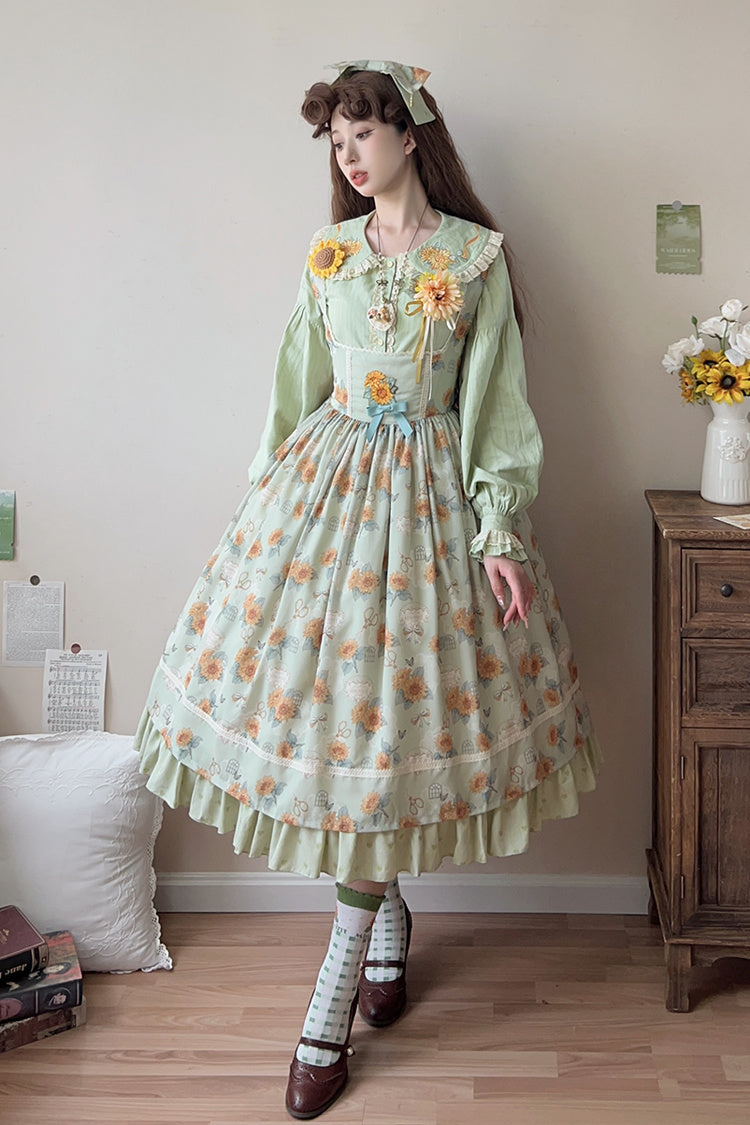 Green [Gardening Sunflower] Sleeveless Print Ruffle Bowknot Sweet Elegant Uplift Lolita Jsk Dress - Product - 2