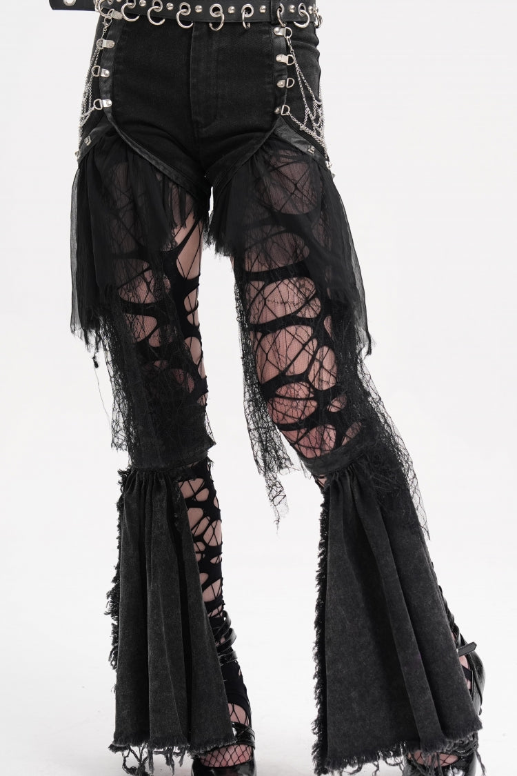 Black Chain Irregular Mesh Ripped Hem Women's Gothic Shorts - Product - 7