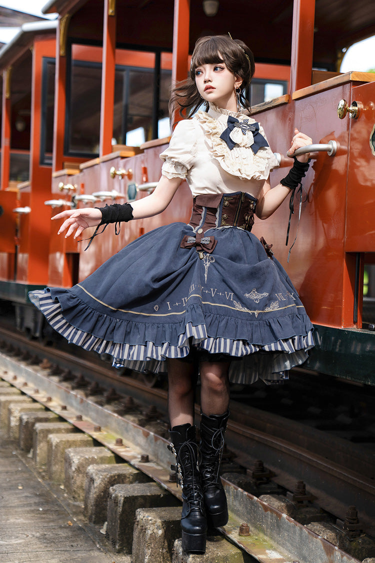 Blue Middle Ages Ruffle Embroidery Bowknot Classic Punk Vintage Lolita Skirt Full Set - Product - 7