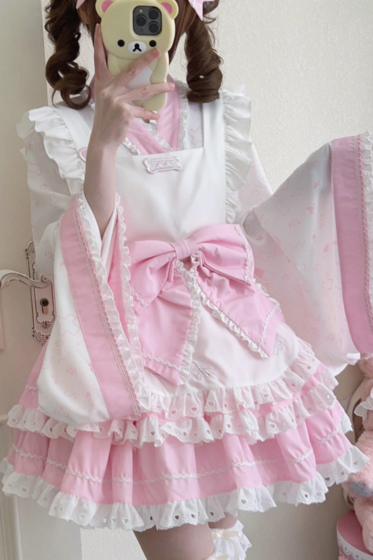 Pink/White Double-Layered Ruffle Bowknot Maid Sweet Lolita Skirt Set - Product - 2