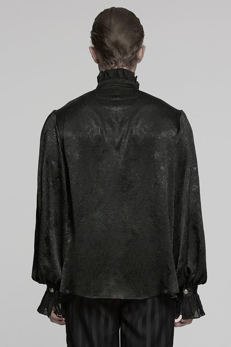 Black Stand Collar Long Puff Sleeves Jacquard Ruffle Embroidery Men's Gothic Blouse - Product - 3