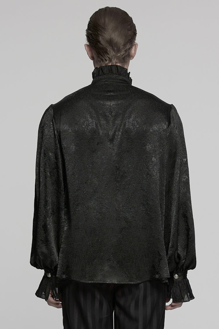 Black Stand Collar Long Puff Sleeves Jacquard Ruffle Embroidery Men's Gothic Blouse - Product - 3