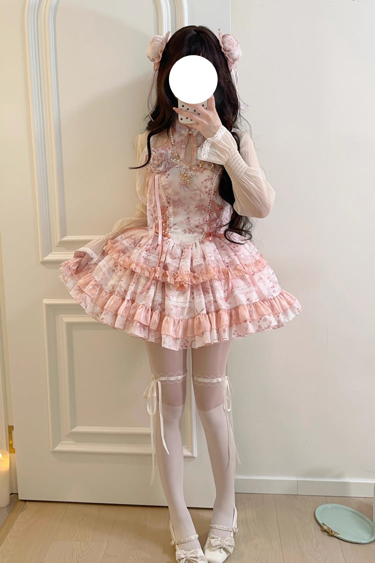 Peach Moon Bamboo Halterneck Multi-layer Print Ruffle Sweet Chinese Style Lolita Dress 2 Colors - Product - 14