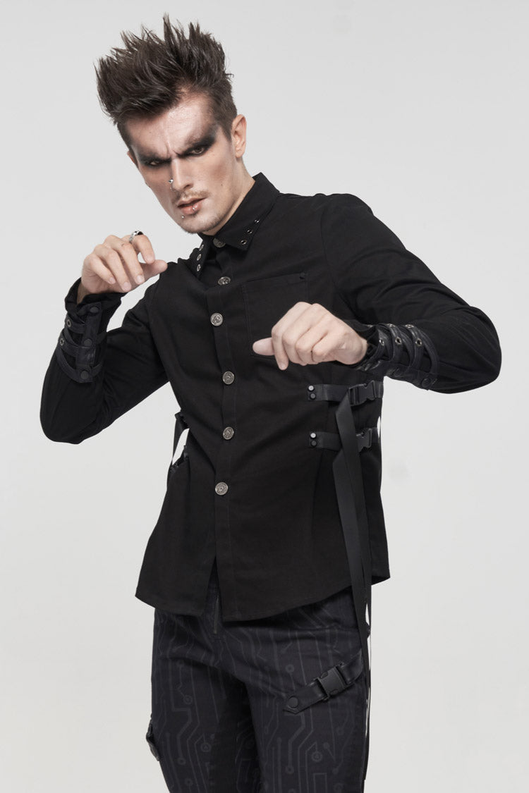 Black Nylon Strap Metal Buckle Decoration Long Sleeve Elasticity Men's Punk Shirt - Product - 3