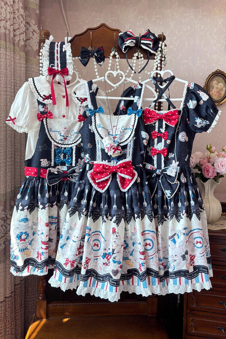 Black [Mystery Rabbit Tea Party] Sleeveless Print Ruffle Bowknot Lace Sweet Lolita Jsk Dress - Product - 8