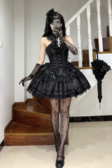 Black [Silver Moon Thorn] Off Shoulder Sleeveless Jacquard Ruffled Bow Patchwork Lace Gothic Lolita Skirt Two-piece Set - Product - 8