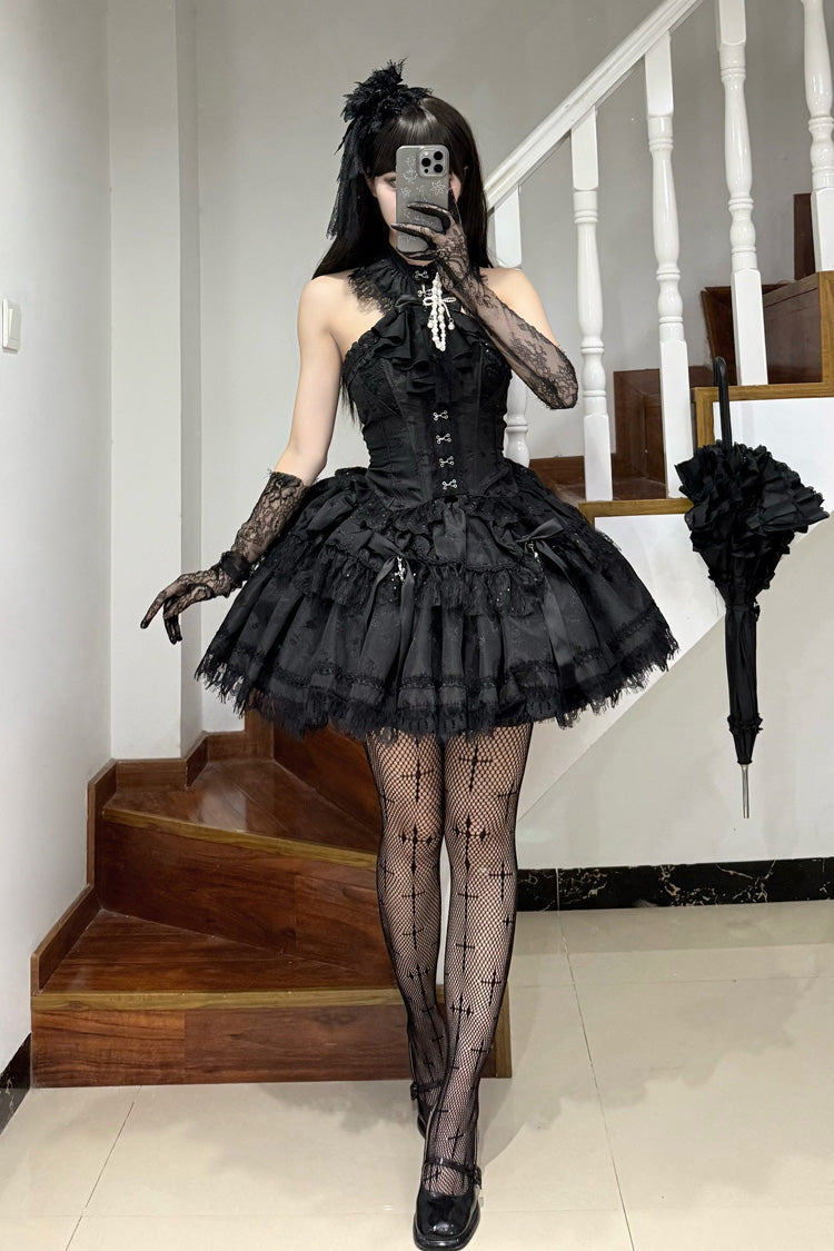 Black [Silver Moon Thorn] Off Shoulder Sleeveless Jacquard Ruffled Bow Patchwork Lace Gothic Lolita Skirt Two-piece Set - Product - 8