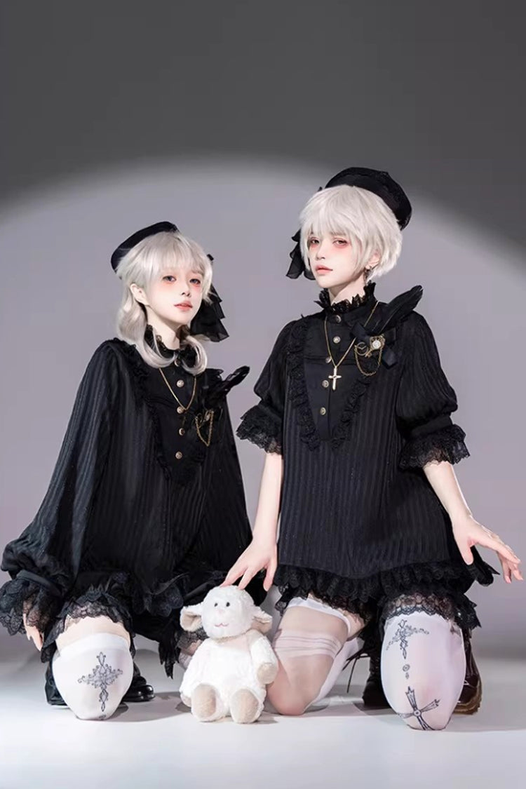 Black Stand Collar Long Short Sleeves Printed Ruffled Lace Gothic Ouji Lolita Set 2 Versions - Product - 8