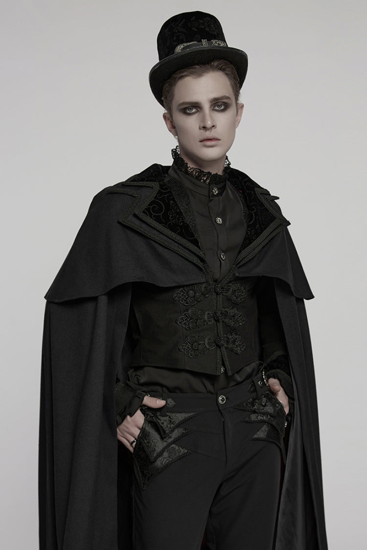 Black Stand Collar Long Sleeves Embroidery Men's Gothic Frog Witchy Coat - Product - 2