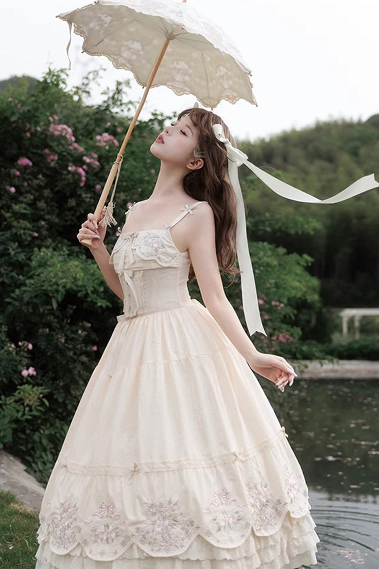 Apricot [Fantasy Butterfly] Triple-Layered Ruffle Embroidery Bowknot Lace Sweet Princess Lolita Jsk Dress - Product - 4