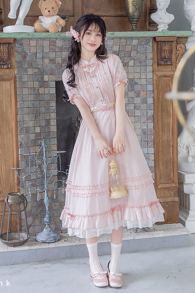 Pink Round Collar Short Sleeves High Waisted Ruffled Strawberry Midsummer Women's Sweet Lolita Dress - Pink - 1