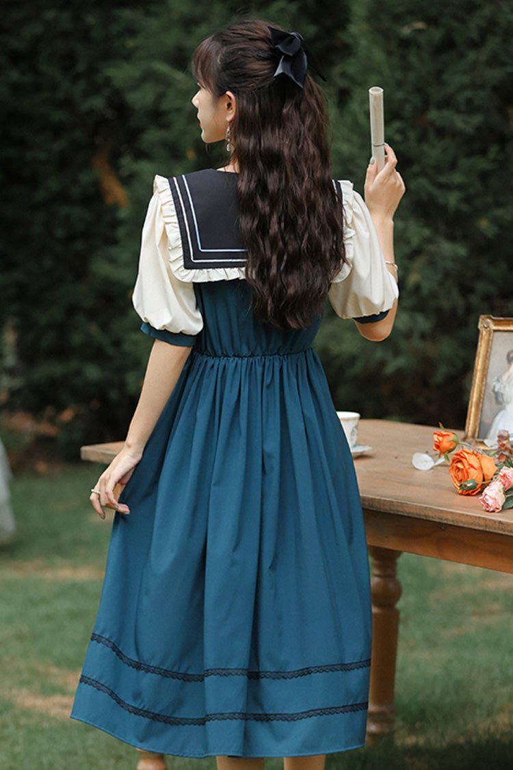 Multi-Color Retro Doll Collar Short Lantern Sleeves High Waist Embroidery Sweet Lolita OP Dress - Product - 4