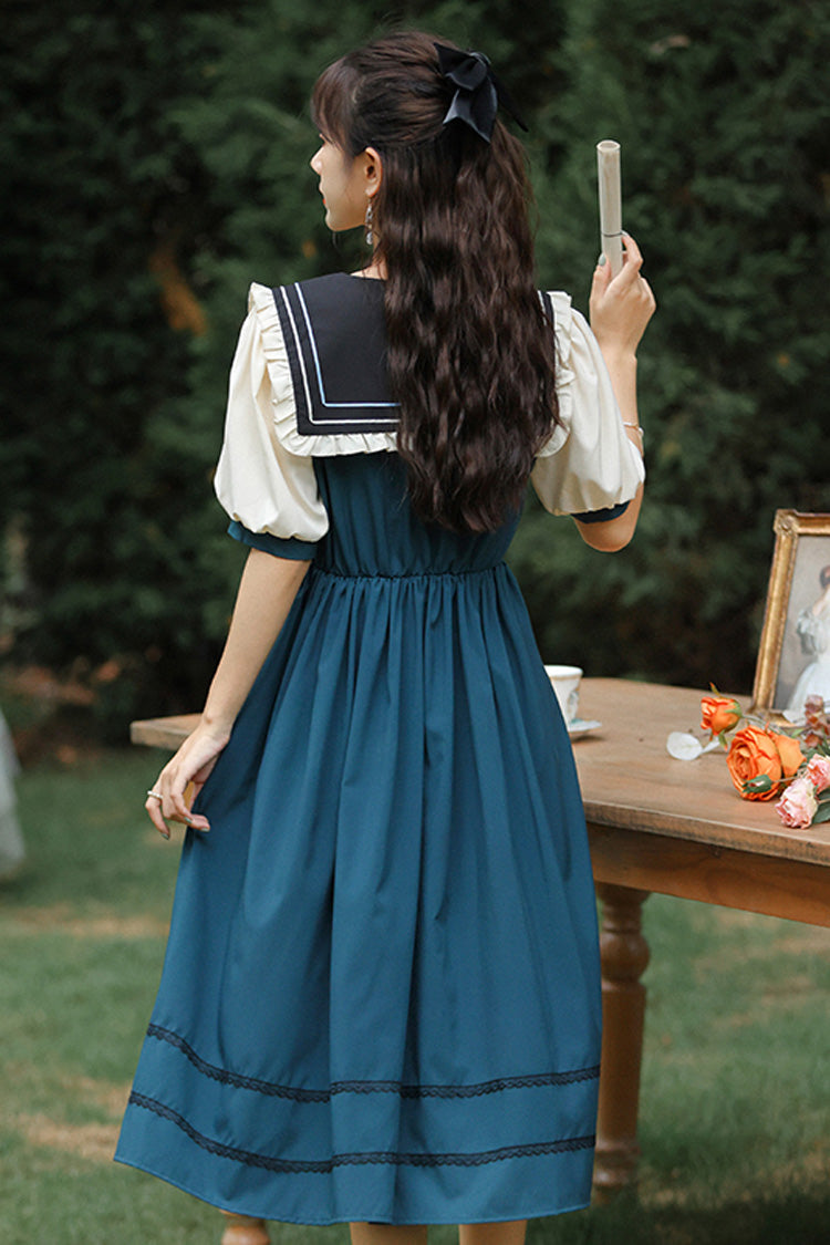 Multi-Color Retro Doll Collar Short Lantern Sleeves High Waist Embroidery Sweet Lolita OP Dress - Product - 4