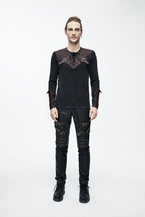 Brown Long Sleeves Designer Mens Punk T-Shirt - Product - 4
