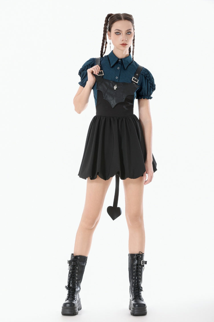 Black Bat Wing Buckled Women's Gothic Suspender Dress Graduation Dress with Tail - Product - 9
