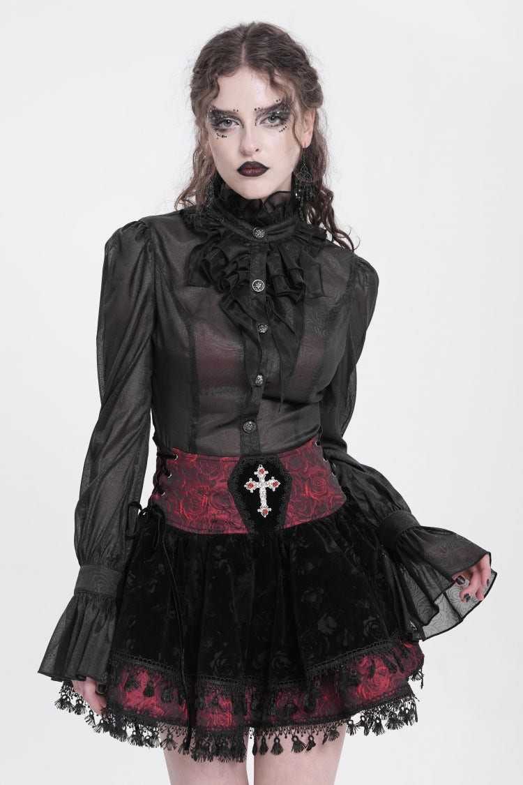 Black/Red Cross Tassel Print Women's Gothic Skirt - Product - 11