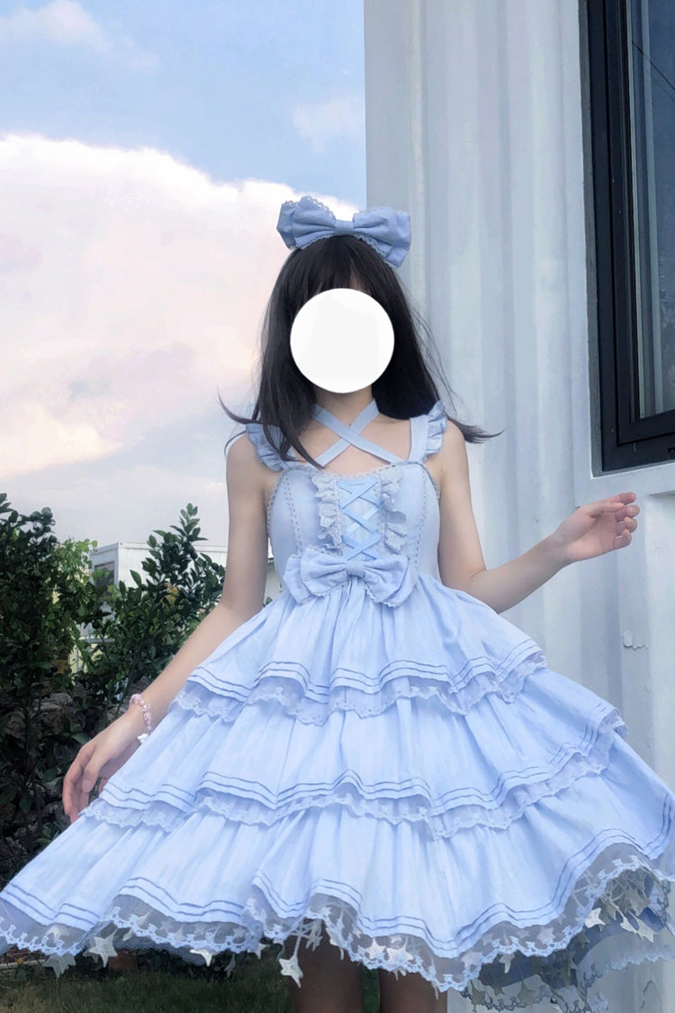 Blue First Love Triple-Layered Ruffle Bowknot Lace Sweet Lolita Jsk Dress - Product - 2