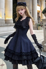 [Escape] Double-Layered Jacquard Striped Printed Ruffled Slim Gothic Lolita Jumper Dress 3 Colors - Product - 11
