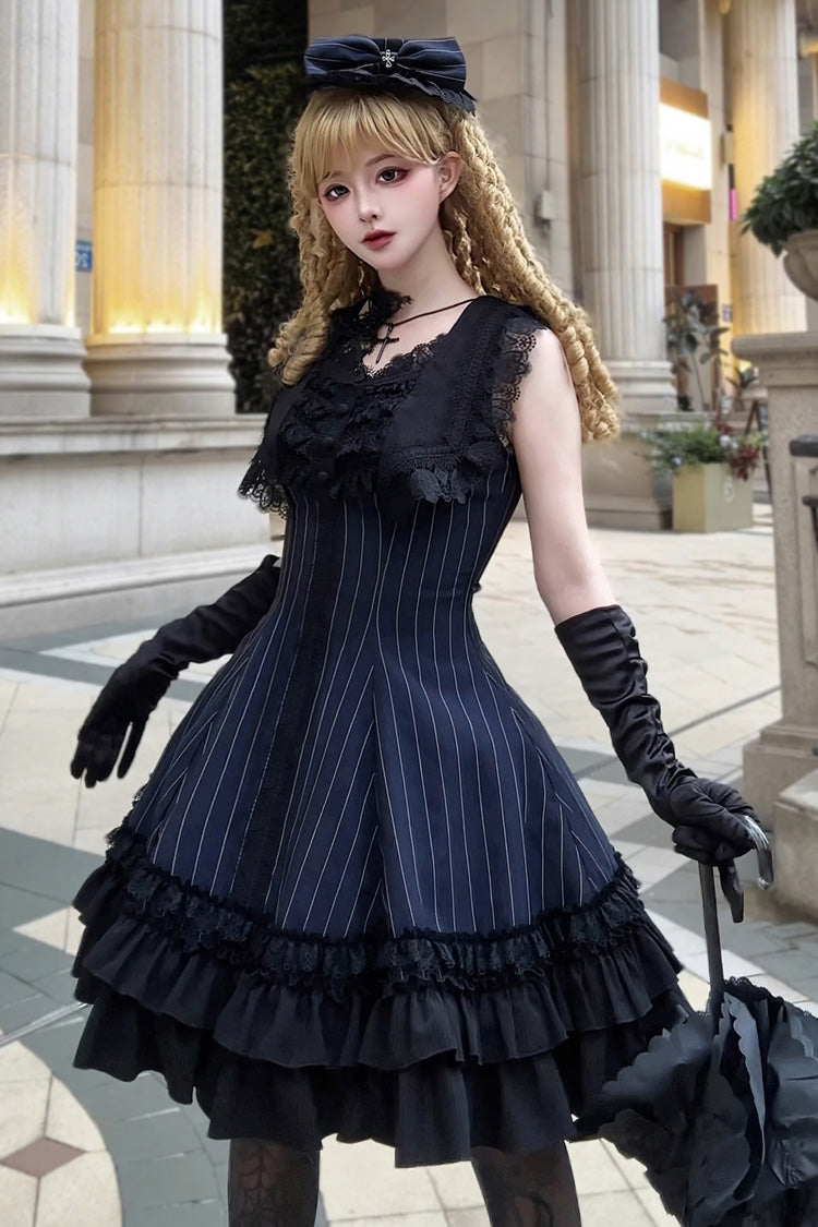 [Escape] Double-Layered Jacquard Striped Printed Ruffled Slim Gothic Lolita Jumper Dress 3 Colors - Product - 11