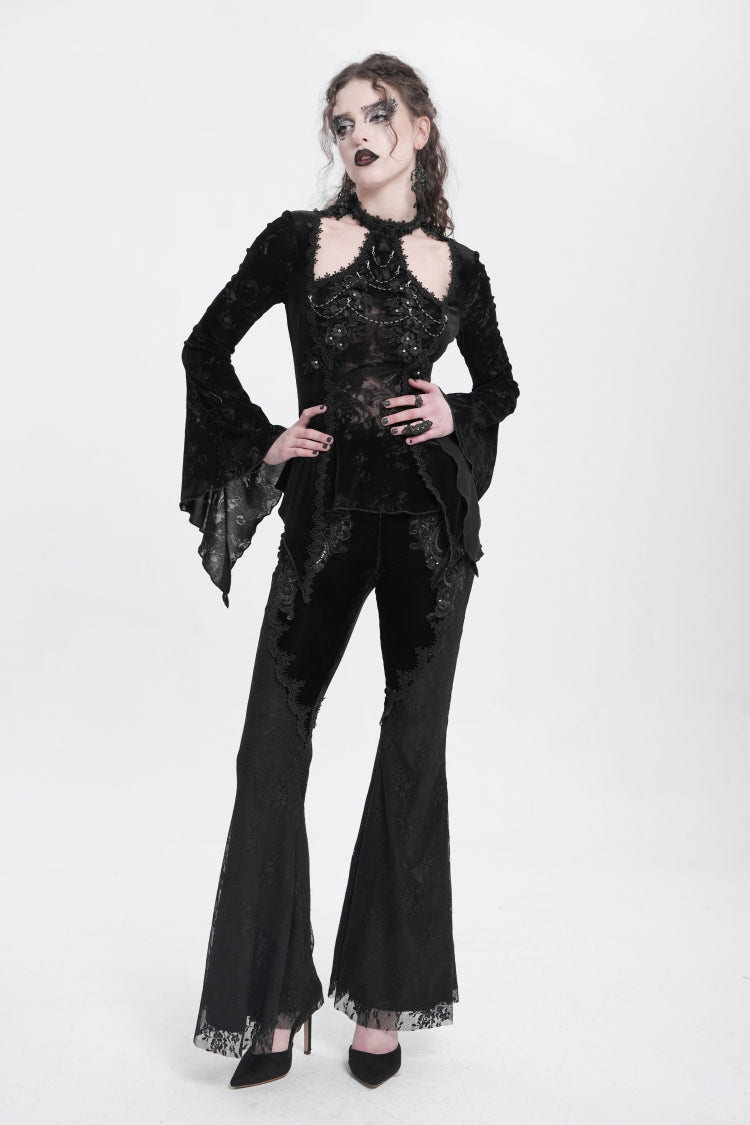 Black Halterneck Long Trumpet Sleeves Jacquard Embroidery Women's Gothic Blouse - Product - 11