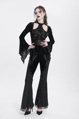 Black Halterneck Long Trumpet Sleeves Jacquard Embroidery Women's Gothic Blouse - Product - 11