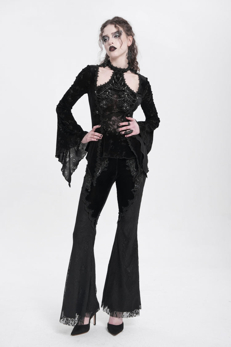Black Halterneck Long Trumpet Sleeves Jacquard Embroidery Women's Gothic Blouse - Product - 11