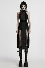 Black Halterneck Sleeveless Stitching Mesh Women's Gothic Dress - Black - 1