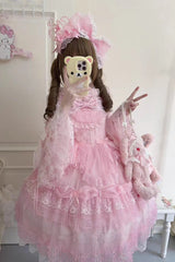 Pink [Sugar Heart Knot] Multi-Layered Ruffled Bow Lace Sweet Lolita Jsk Dress - Product - 2