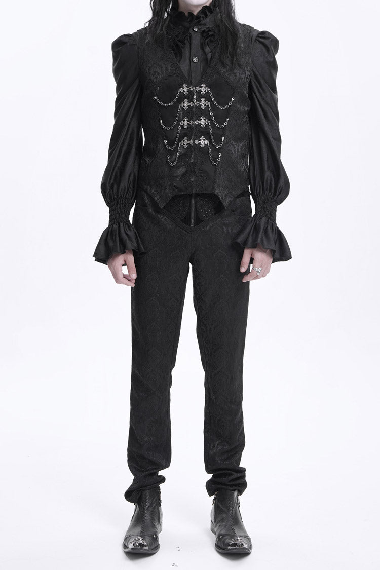 Black Floral Print Embroidery Branded Zip Men's Gothic Pants - Product - 10