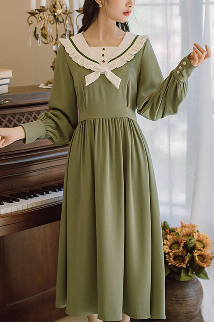 French Retro Hepburn Style Doll Collar Long Sweet Lolita OP Dress - green - 1