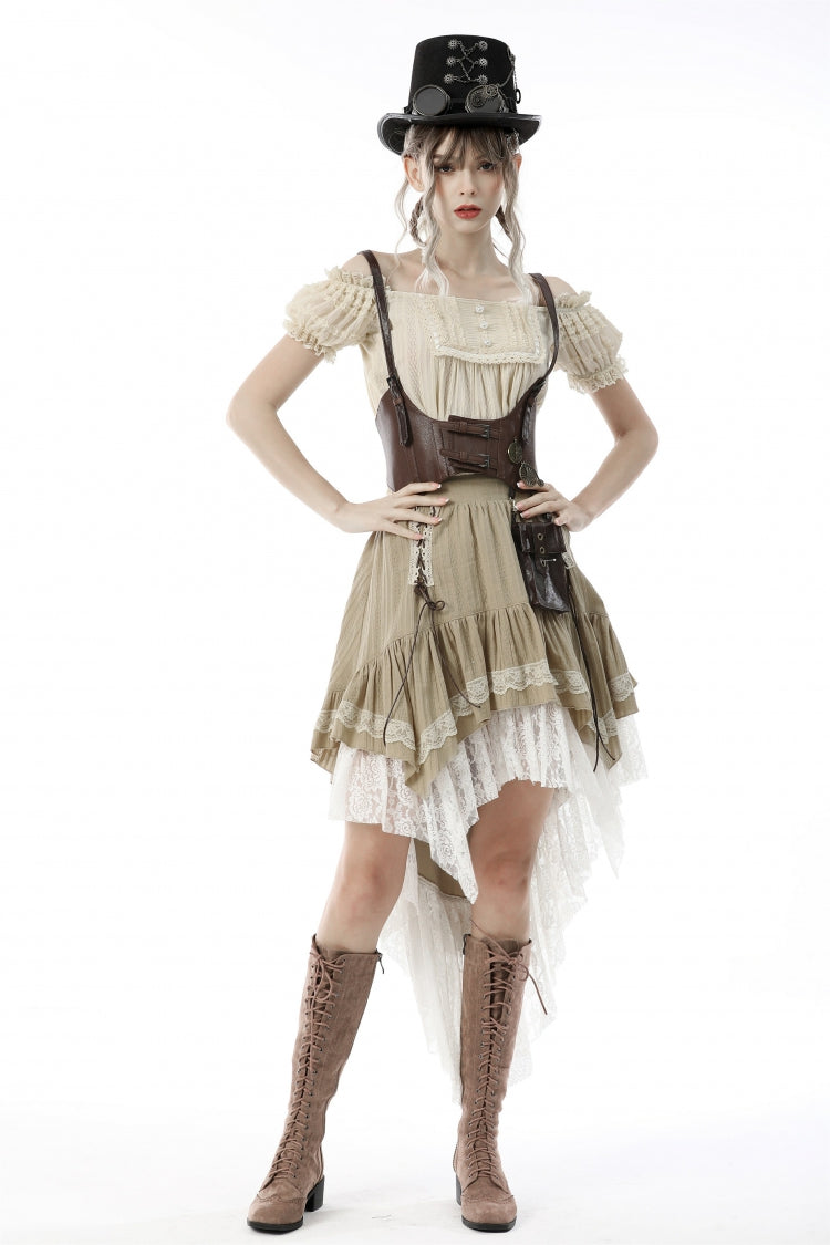 White/Yellow Women's Steampunk Victorian Lace Multi-Layered Dovetail Ruffled Skirt - Product - 8